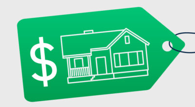 A green tag with dollar and house drawings